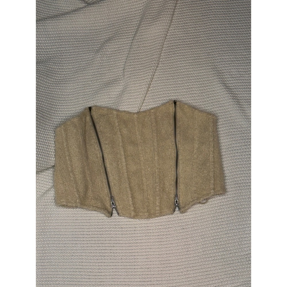 Out From Under Sherpa Fleece Corset Top Tan Zipper Lace Up Bustier Small